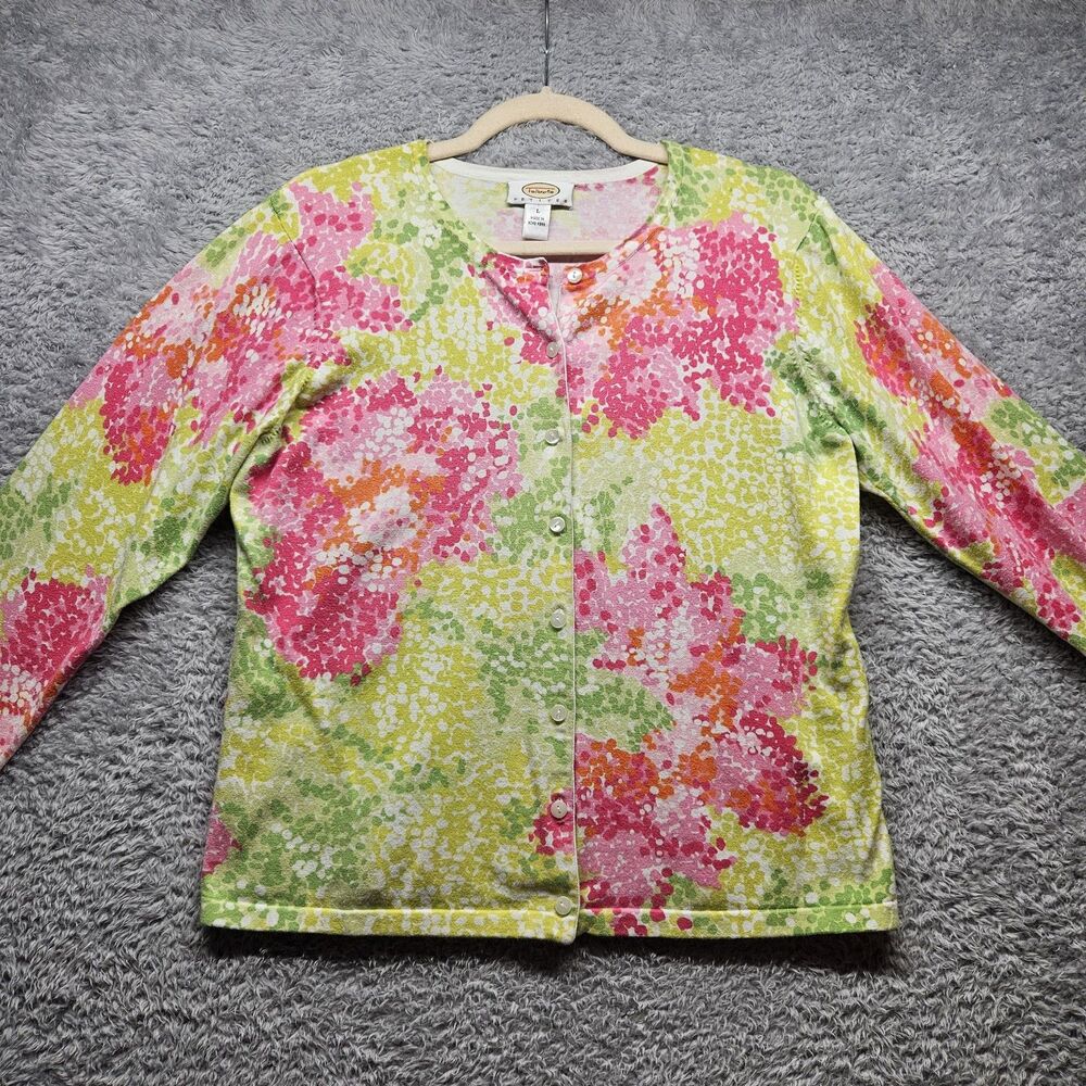 Talbots Green Floral Cardigan Size Large Petite Colorful Spring Lightweight